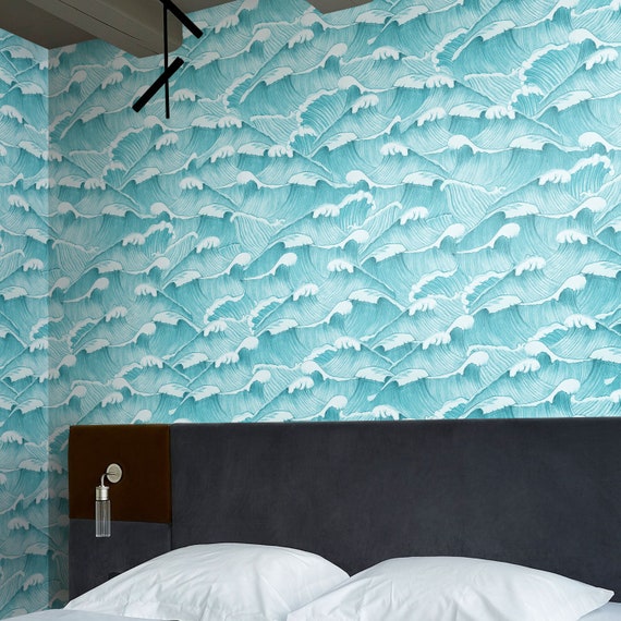 Open Ocean Waves Wallpaper, Sea Hand Drawn Etching Wall Mural, Whimsical Marine Wallpaper