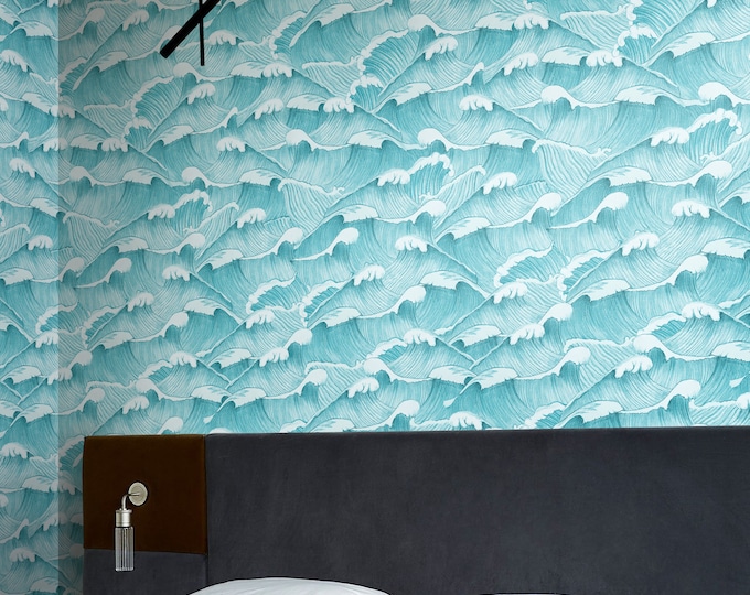 Open Ocean Waves Wallpaper, Sea Hand Drawn Etching Wall Mural, Whimsical Marine Wallpaper