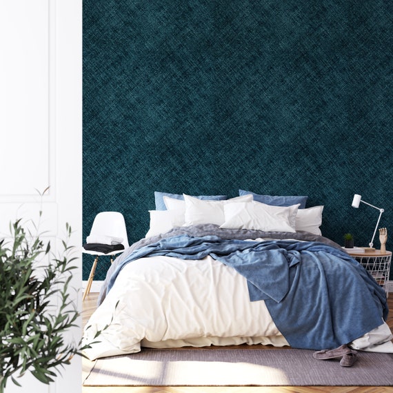 Blue Texture Print Wallpaper, Faux Grasscloth Print in Navy, Minimalist Design Canvas Texture Hotel Wall Decor