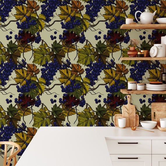 Grapes Wallpaper for Kitchen Decor, Grape Fruits Wall Art with Leaves and grape variety