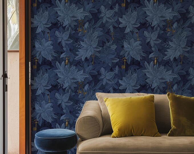 Blue Ivy Leaves Wallpaper with Gold Keys, Dark Hedge Wall Mural, Elegant Botanical Wall Decor for Living Room & Bedroom