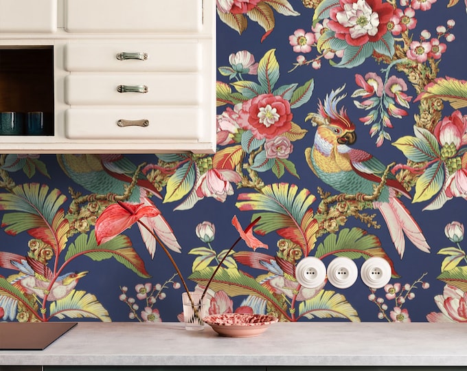 Vintage Asian Chinoiserie Wallpaper, Japanese Floral Print for Living Room Decor