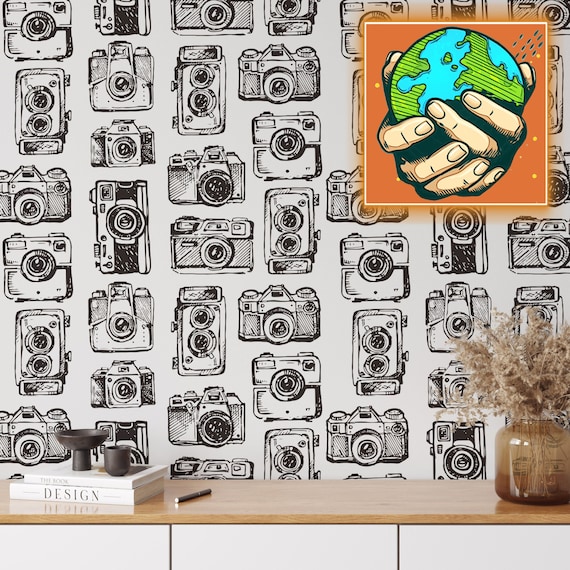 Retro Cameras Vintage Wallpaper, Tape Camera Wall Decor in Black and White