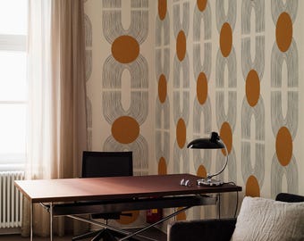 Art Deco Geometric Wallpaper, Masculine Earth Tone Mid Century Bedroom Decor, Beige Retro Vintage Wallpaper