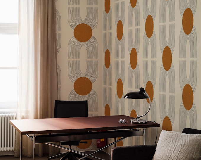 Art Deco Geometric Wallpaper, Masculine Earth Tone Mid Century Bedroom Decor, Beige Retro Vintage Wallpaper