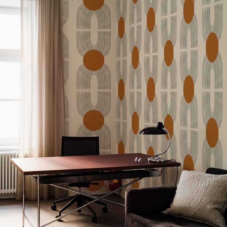 Art Deco Geometric Wallpaper, Masculine Earth Tone Mid Century Bedroom Decor, Beige Retro Vintage Wallpaper image 1