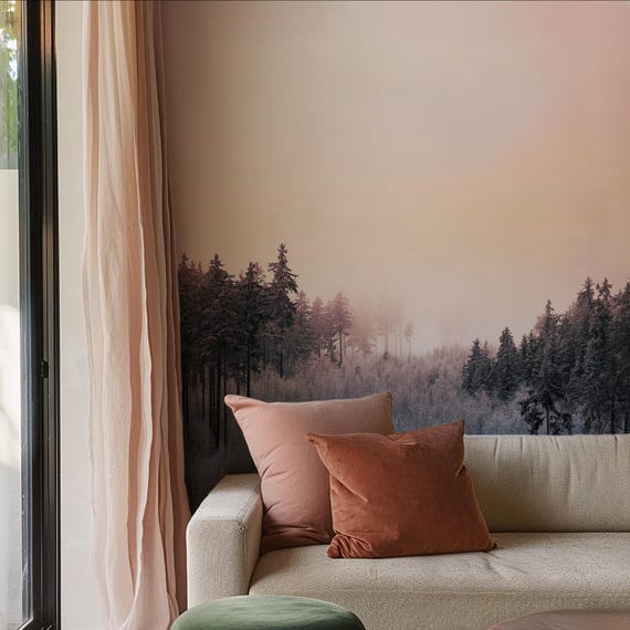 Snowy Forest Wallpaper, Pink Fog Mountain Landscape Mural with Pine Trees Nature Wall Decor