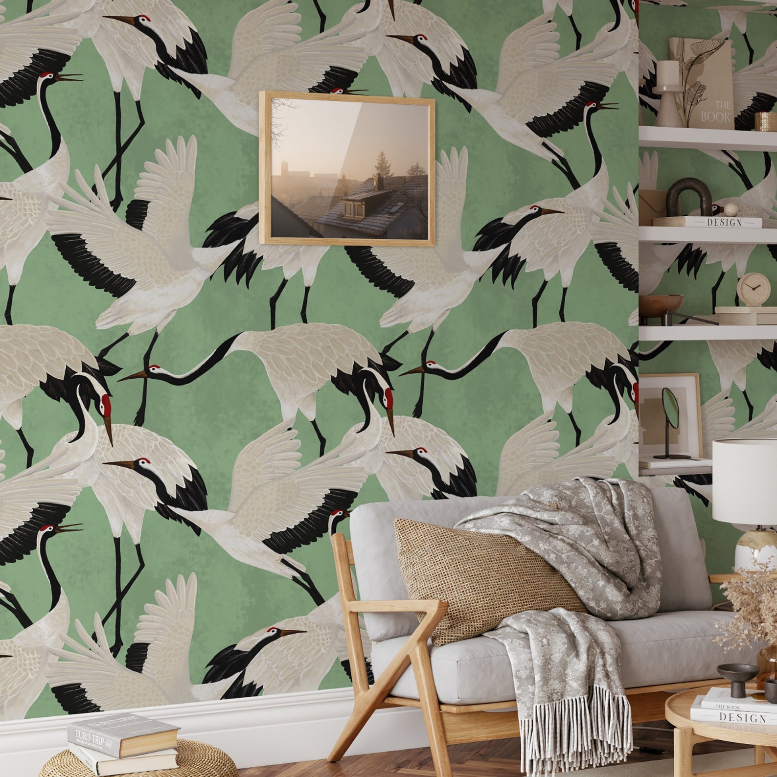 Green Herons Wallpaper Luxury Wallpaper With Vintage Asian Etsy