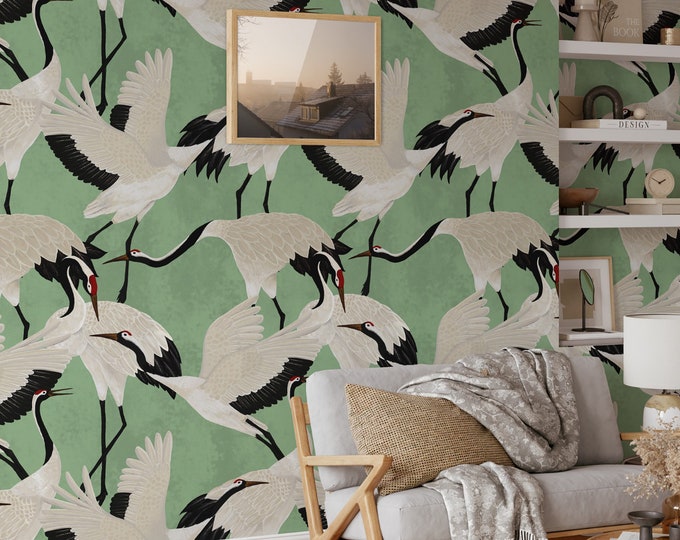 Green Heron Wallpaper, Vintage Asian Crane Bird, Removable Wall Decor
