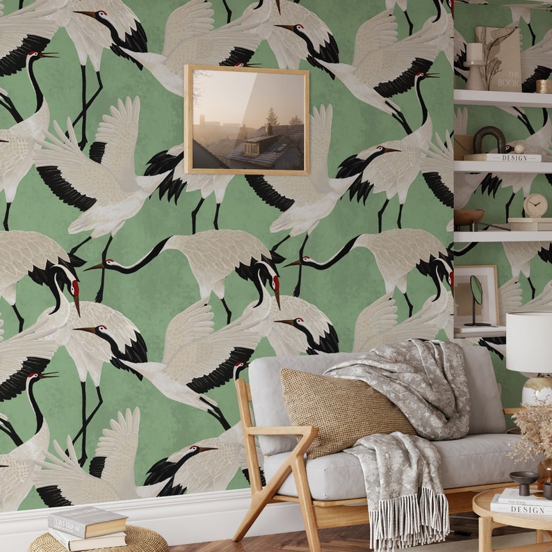 Grüne Reiher Wallpaper, Luxus Wallpaper mit Vintage asiatischen Kran Vögel, zeitgenössisches Design Wand-Dekor abnehmbare Tapete Bild 3