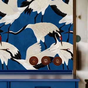 Blue Asian-Inspired Wallpaper: Elegant Cobalt Heron & Crane Decor | Asian-Inspired Decor