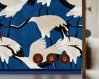 Blue Asian-Inspired Wallpaper: Elegant Cobalt Heron & Crane Decor | Asian-Inspired Decor