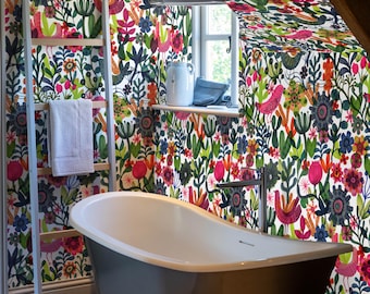 Vibrant Botanical & Bird Wallpaper, Add a Touch of Scandinavian Charm to Your Home with Our Bright and Colorful Bucolic Wallpaper
