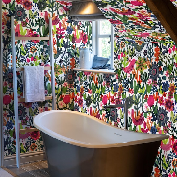 Vibrant Botanical & Bird Wallpaper, Add a Touch of Scandinavian Charm to Your Home with Our Bright and Colorful Bucolic Wallpaper