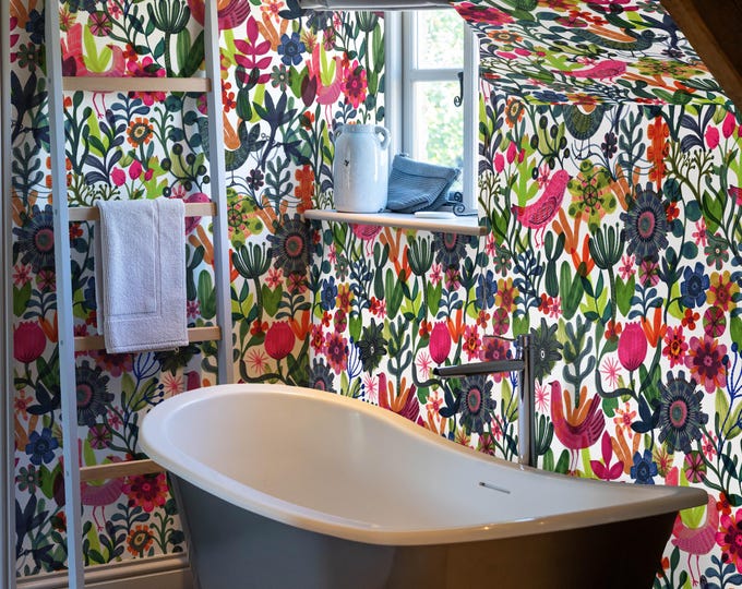 Vibrant Botanical & Bird Wallpaper, Add a Touch of Scandinavian Charm to Your Home with Our Bright and Colorful Bucolic Wallpaper
