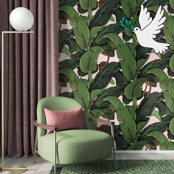 Tropical Bliss: Stunning Banana Leaf Wallpaper on Romantic Pink Background