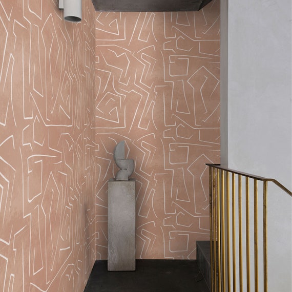 Salmon Cream Soft Grunge Removable Wall Paper in Boho Color Palette, Graffiti Wall Decor Danish Pastel Tones