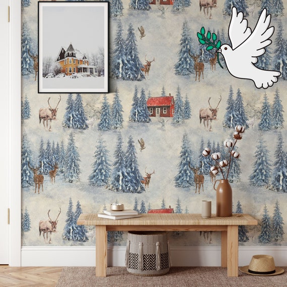 Snow Winter Forest with Animals Wallpaper, Winter Mountain Antlers Wall Decor, Woodland Nursery Calm Snowy Wall Art