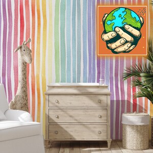 Pastel Rainbow Striped Wallpaper, Watercolor Paint Vertical Stripes Soft Color Kids Room Temporary Wall Art image 1