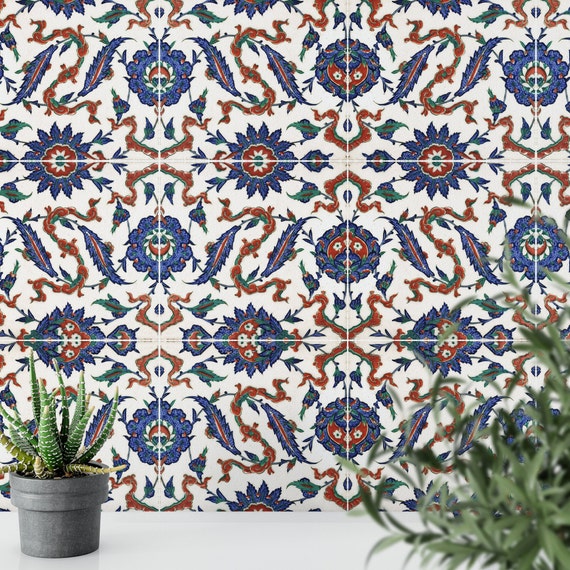 Talavera Tile Wall Decor, Kitchen Removable Wallpaper with Blue and Red Texture