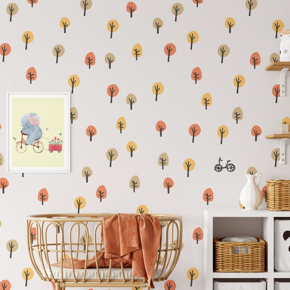 Beige Baby Room Light Wallpaper with Trees, Pastel Wallpaper for Kids, Forest Nursery Simple Wall Decoration