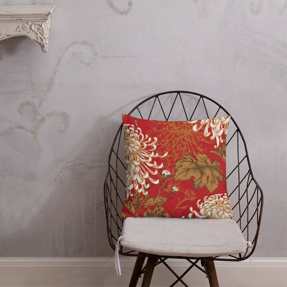 Red Floral Print Premium Pillow perfect to match with our Wallpaper, furniture cushions for Modern Home Decor
