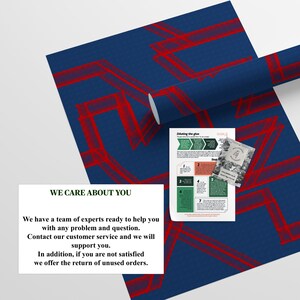 May include: A blue and red geometric pattern wallpaper roll with a white text box that says "We care about you". The text box contains information about customer service and returns. A separate sheet of paper with instructions for diluting glue is also visible.