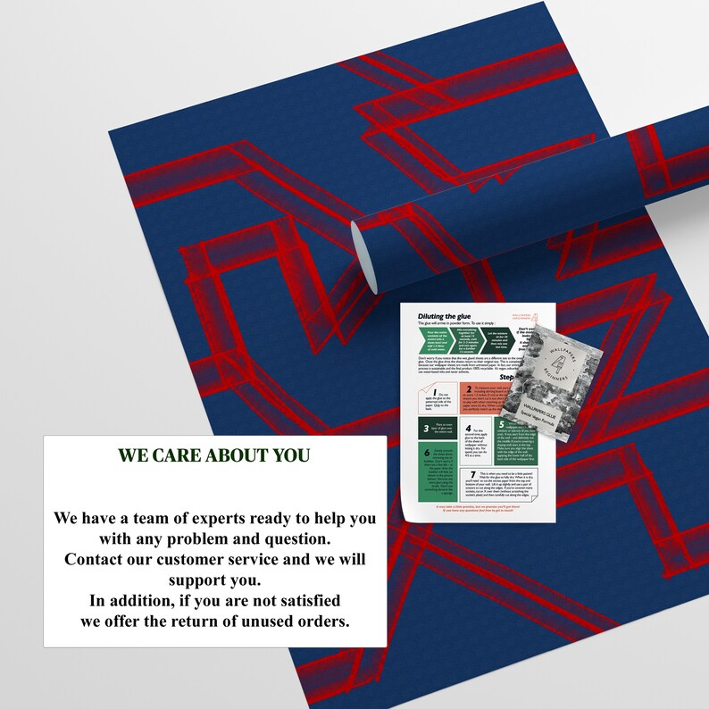 May include: A blue and red geometric pattern wallpaper roll with a white text box that says "We care about you". The text box contains information about customer service and returns. A separate sheet of paper with instructions for diluting glue is also visible.