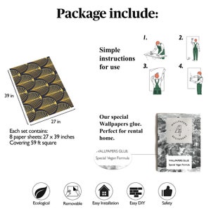 May include: A set of black and gold geometric patterned wallpaper with instructions for use, glue, and a guide for beginners. The wallpaper covers 59 square feet and includes 8 sheets measuring 27 inches by 39 inches.