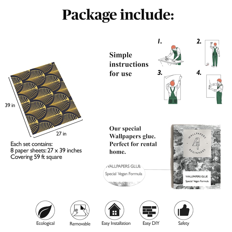 May include: A set of black and gold geometric patterned wallpaper with instructions for use, glue, and a guide for beginners. The wallpaper covers 59 square feet and includes 8 sheets measuring 27 inches by 39 inches.