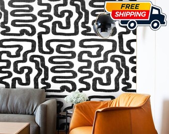 Abstract Painting Modern Wallpaper, Black and White Labyrinth Pattern for Modern Home Decor