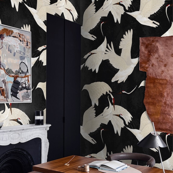 Black Heron Asian Wallpaper, Chinoiserie Print Birds Wall Art, Vintage Crane Removable Wall Decor