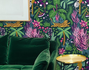 Bring the Jungle into Your Home with Our Tropical Wallpaper | Featuring a Majestic Tiger and Playful Monkey in a Lush Forest