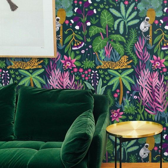 Bring the Jungle into Your Home with Our Tropical Wallpaper | Featuring a Majestic Tiger and Playful Monkey in a Lush Forest