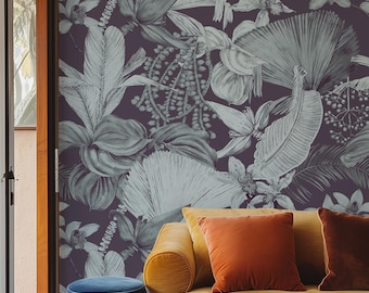 Monochrome Tropical Wallpaper | Elegant Botanical Jungle Design | Vintage Palm and Orchid Decor | Eco-Friendly & Removable