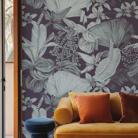 Monochrome Tropical Wallpaper | Elegant Botanical Jungle Design | Vintage Palm and Orchid Decor | Eco-Friendly & Removable