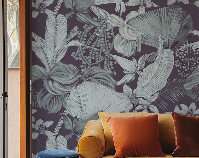 Monochrome Tropical Wallpaper | Elegant Botanical Jungle Design | Vintage Palm and Orchid Decor | Eco-Friendly & Removable