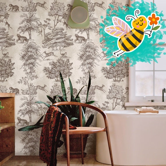 Toile de Jouy Wallpaper, Vintage Safari Elegance Wall Art, Eco Artisan Italian Design