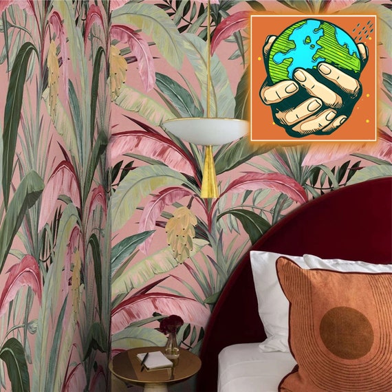 Green Banana Forest on Blush Pink - Bestselling Removable Wallpaper, Banana Leaves Jungle Wallpaper, Tropical Rainforest Wall Decor