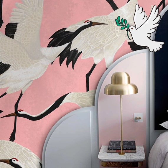 Pink Heron Wallpaper, Luxury Wallpaper with Asian Birds, Popular Design Wall Decor, Vintage Crane Removable Wallpapering