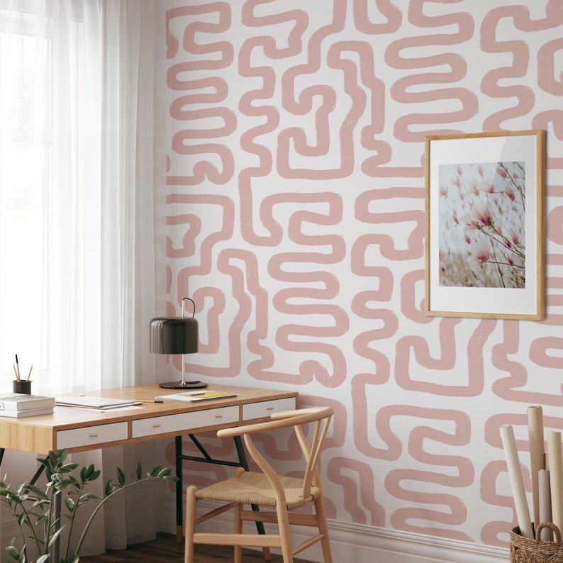 Pink Brush Stroke Labyrinth Pattern Wallpaper Soft Paintbrush Etsy