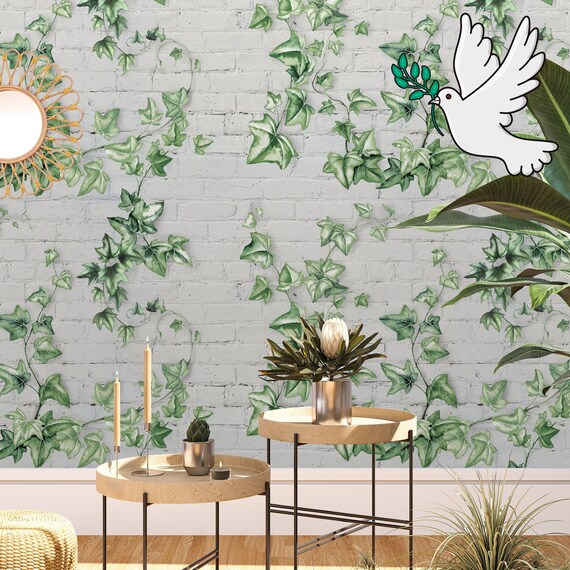 Climbing Green Ivy Leaves Wallpaper on Bricks with Birds and Butterflies, Watercolor Foliage Hedera Ivy Wall Decor