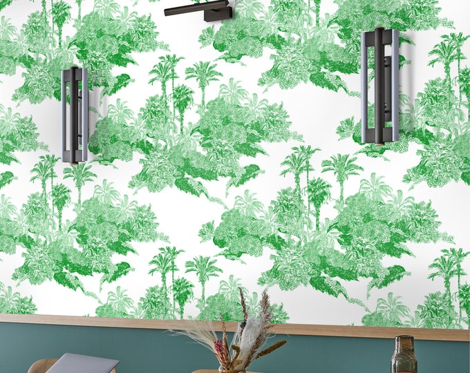 Tropical Green Toile de Jouy Wallpaper - Exquisite Nature-Inspired Wall Decor for a Lush and Serene Ambiance