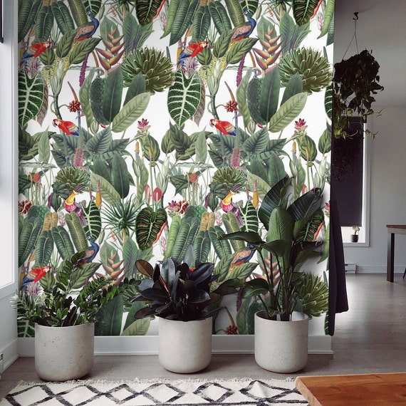 Tropical jungle wallpaper, wild rainforest wall decor, botanical wallpaper