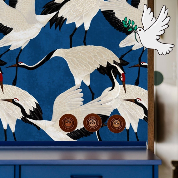Blue Asian-Inspired Wallpaper: Elegant Cobalt Heron & Crane Decor | Asian-Inspired Decor
