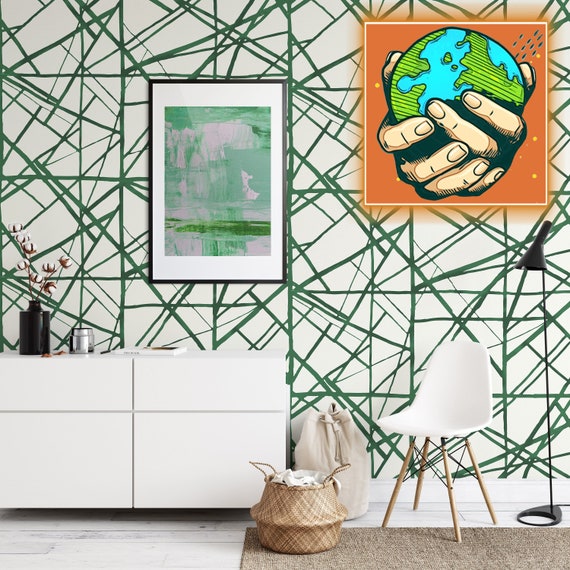 White and Green Modern Stripes Shibori Wallpaper, Abstract Brush Strokes Line Wall Mural