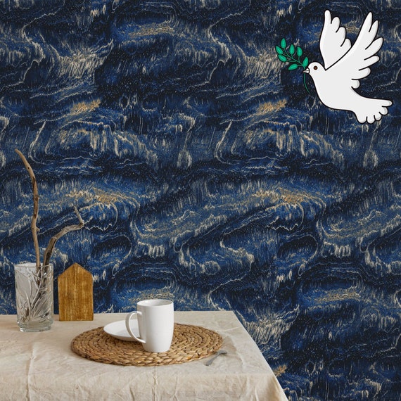 Blue Silk Textured Wallpaper, Elegant Grunge Wall Decor, Distressed Texture Wall Art