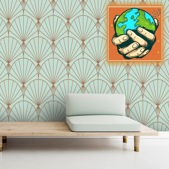 Vintage Inspired Art Déco Wallpaper, Golden Folding Fan Light Blue Wallpaper