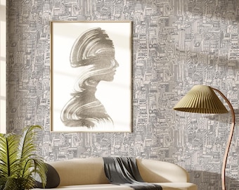 Skyscrapers Wall Art Wallpaper, New York City Buildings, Hand Drawn Black & White Modern Minimalist Home Decor