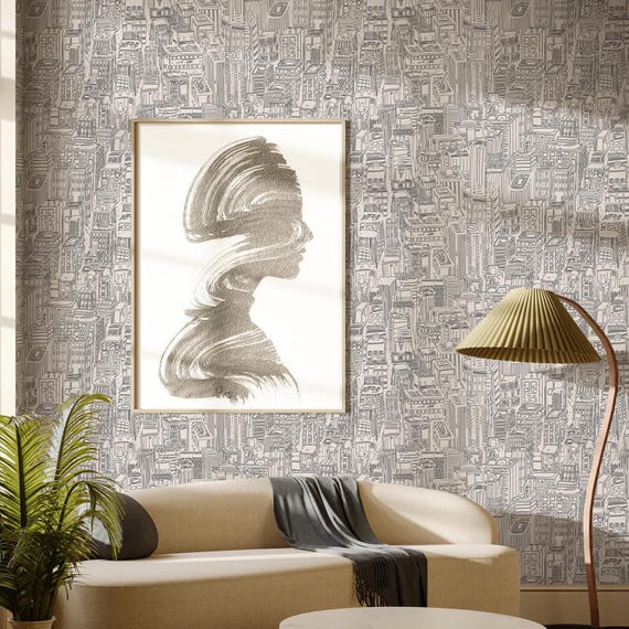 Skyscrapers Wall Art Wallpaper, New York City Buildings, Hand Drawn Black & White Modern Minimalist Home Decor